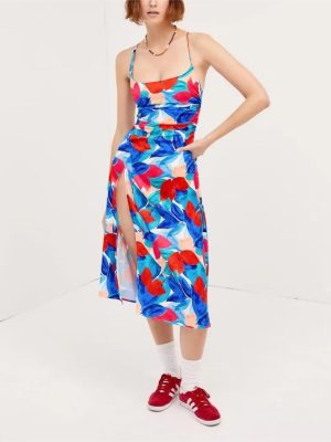 Seaside Vacation Sling Dress French Minority Girl Big Print Slim Fit Sexy Side Split Overknee Dress