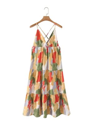 Vacation Maxi Dress Summer Sexy V neck Design Color Printed Sling Floral Dress