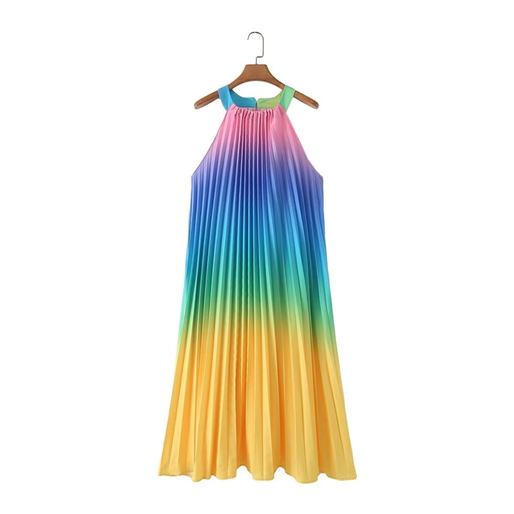 Color Stripes Pleated Women Clothing Summer Holiday Sleeveless round Neck - Image 2