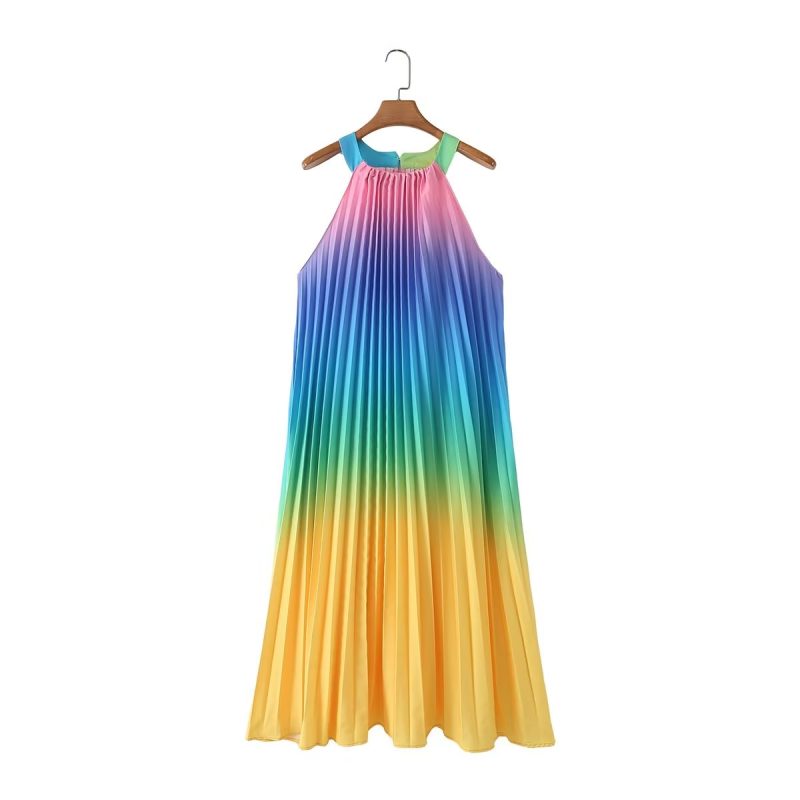 Color Stripes Pleated Women Clothing Summer Holiday Sleeveless round Neck - Image 2