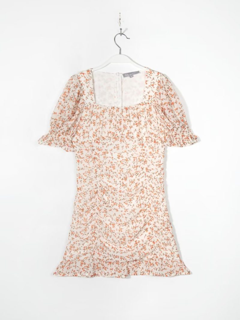 Small Floral Dress Early Spring Women Clothing French Tight Waist Puff Short Sleeve Dress