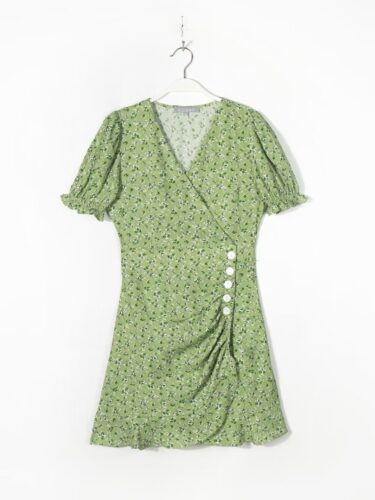Floral Dress Women V Neck High Waist Slimming Puff Sleeve Design French Small Short Dress