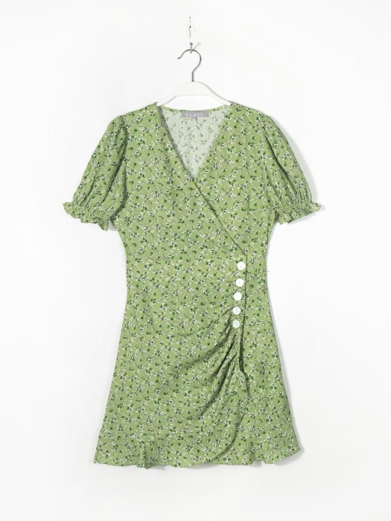 Floral Dress Women V Neck High Waist Slimming Puff Sleeve Design French Small Short Dress