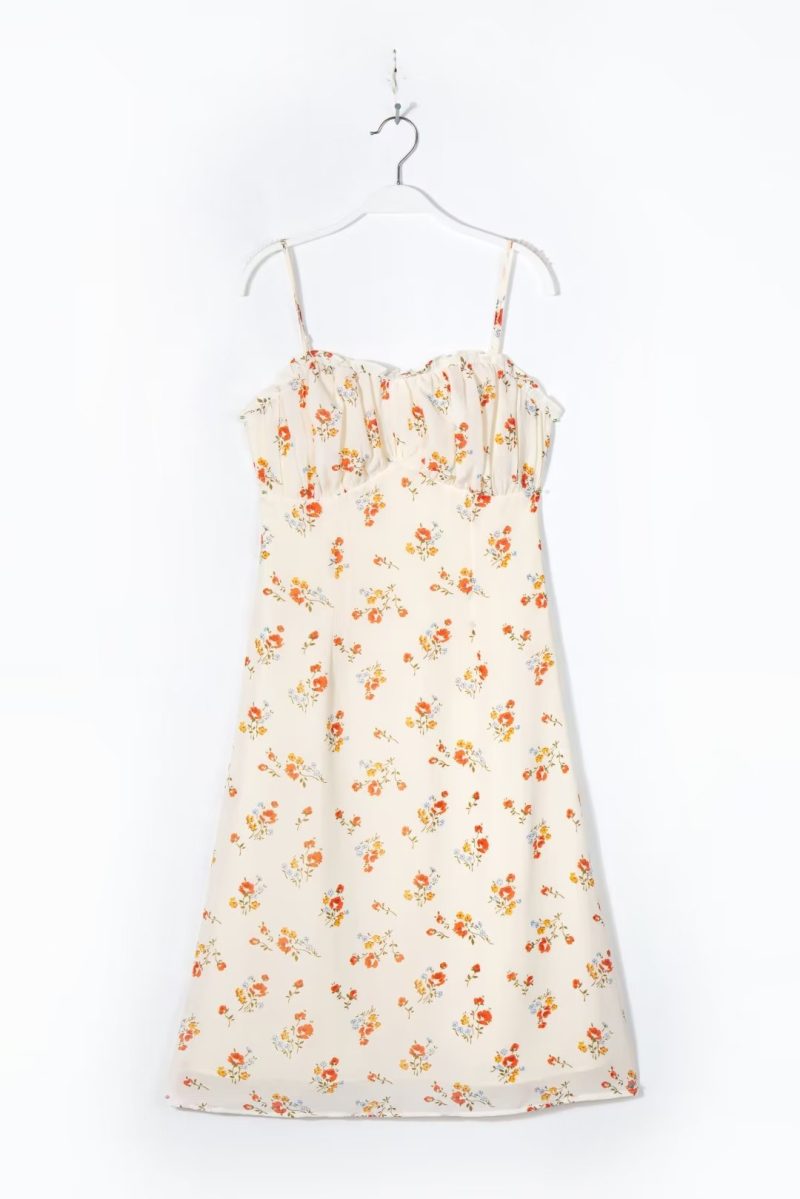 Women Clothing Early Spring French Printed Backless Strap Waist Slimming Short Dress