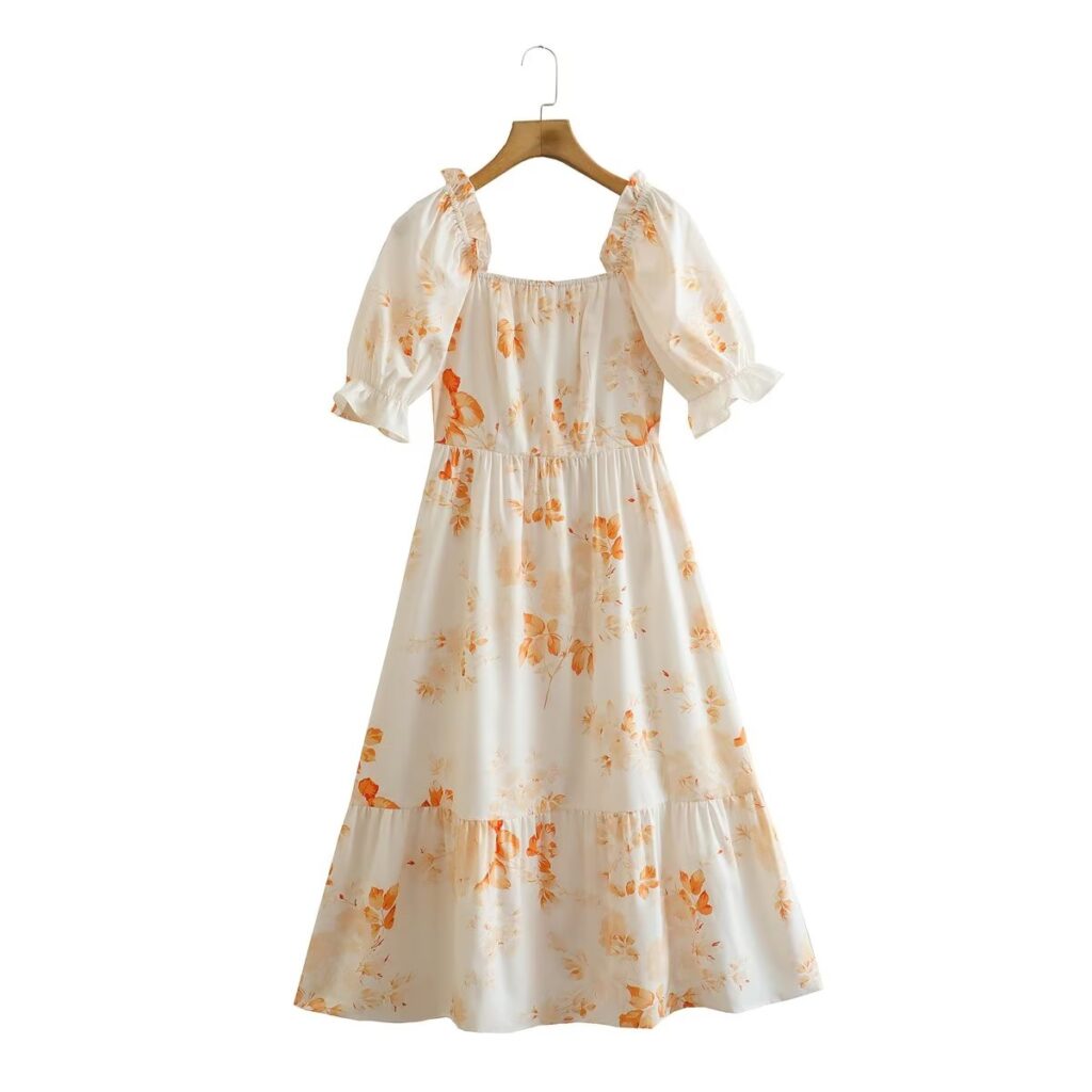 Spring Summer Socialite Elegant French Floral Fairy Smocking High Waist Big Swing Long Sleeve Dress