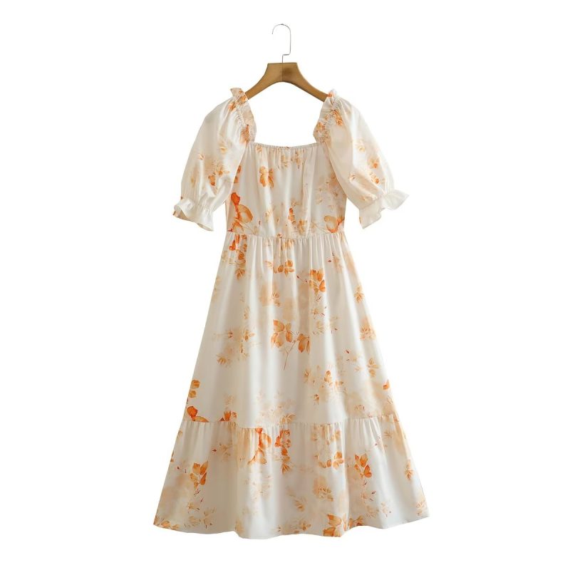 Spring Summer Socialite Elegant French Floral Fairy Smocking High Waist Big Swing Long Sleeve Dress