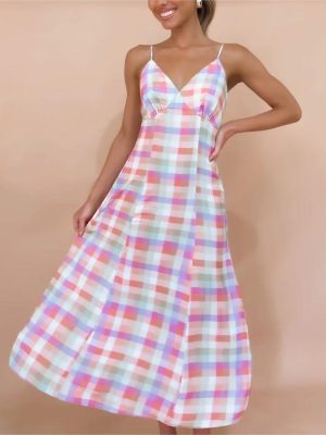 Autumn Women Plaid Printing Slip Dress