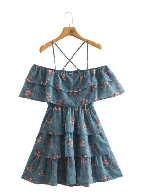 Women One Line Shoulder Printed Holiday Style Cake Suspender Dress