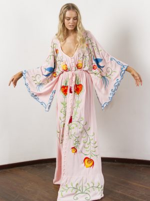 Women Spring Summer Bohemian Flower Embroidery Hollow Tassel Decoration Vintage Style Goddess Long Dress