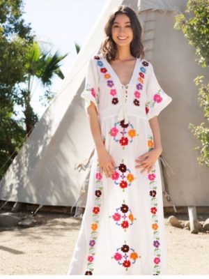 Women  Spring and Summer Bohemian Holiday Style Color Flower Embroidered Long Dress Deep V Neck Strap Dress