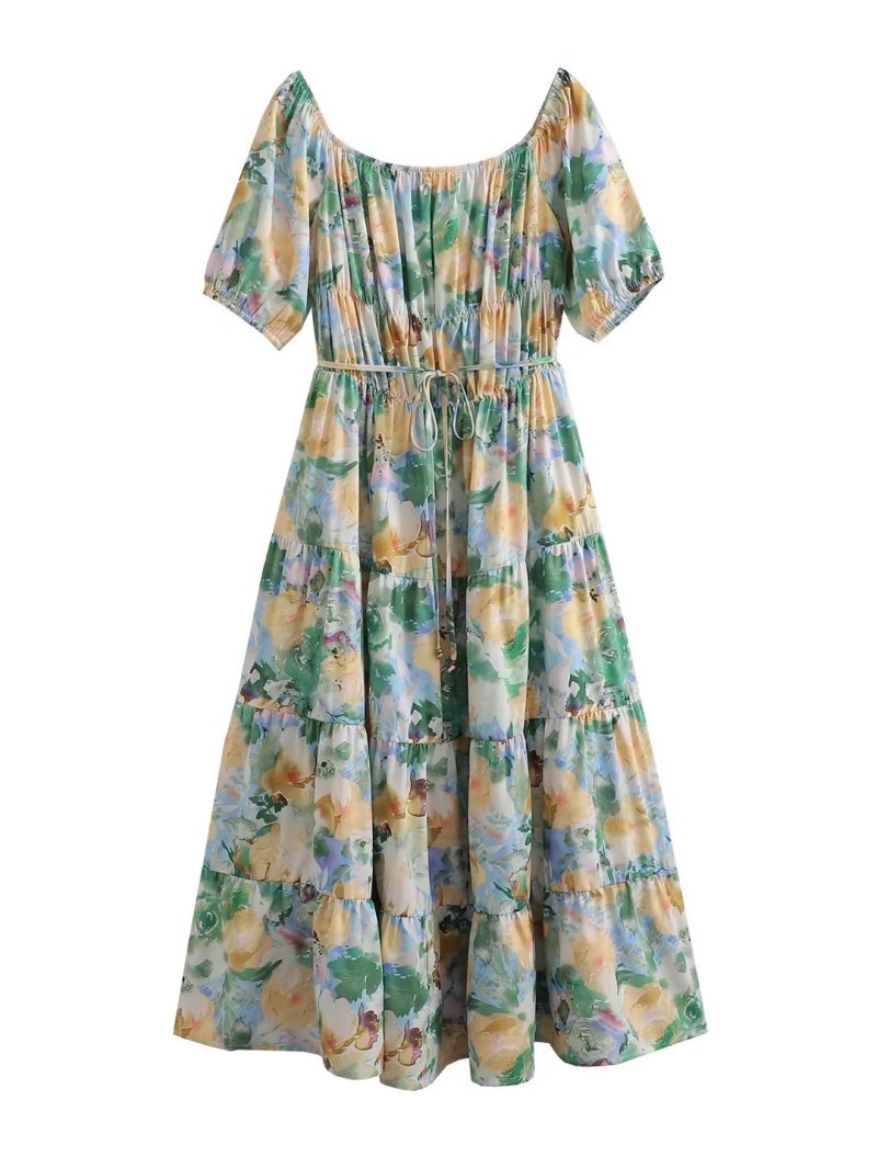 Women Clothing Sexy off Shoulder Short Sleeve Printed Dress Long - Image 2