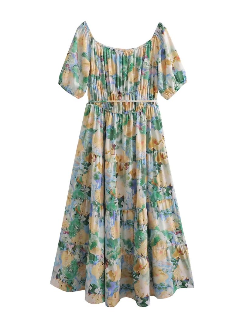 Women Clothing Sexy off Shoulder Short Sleeve Printed Dress Long - Image 3
