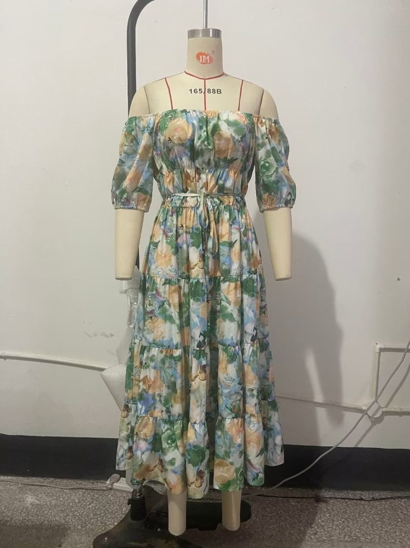 Women Clothing Sexy off Shoulder Short Sleeve Printed Dress Long - Image 4
