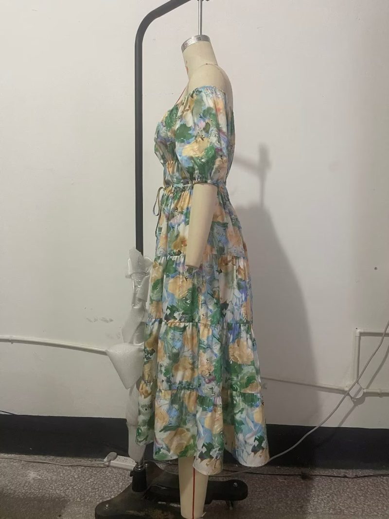 Women Clothing Sexy off Shoulder Short Sleeve Printed Dress Long - Image 5