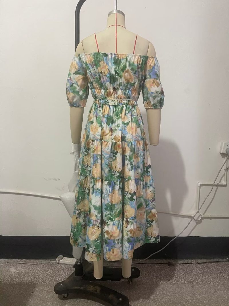 Women Clothing Sexy off Shoulder Short Sleeve Printed Dress Long - Image 6