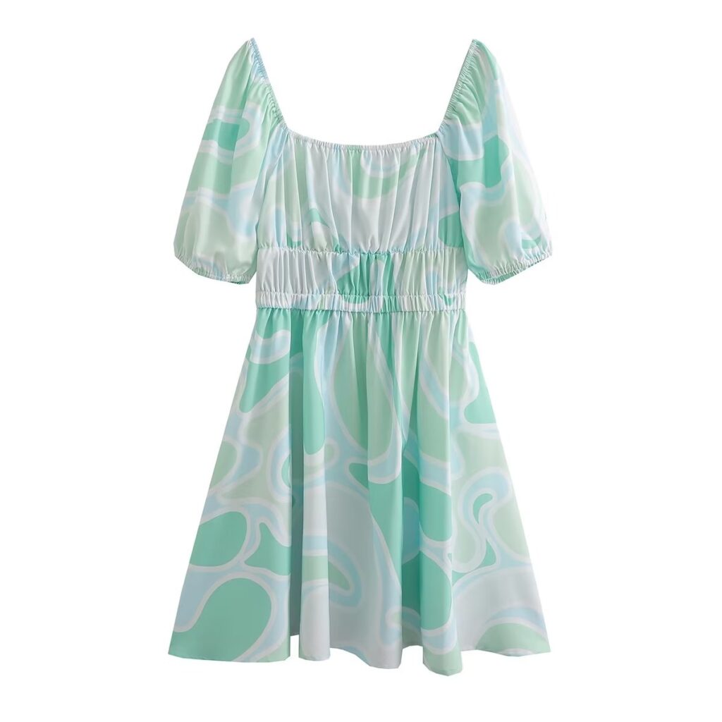 Spring Printed Dress Short Sleeve Square Collar Drawstring Slim Short Women Clothing - Image 2