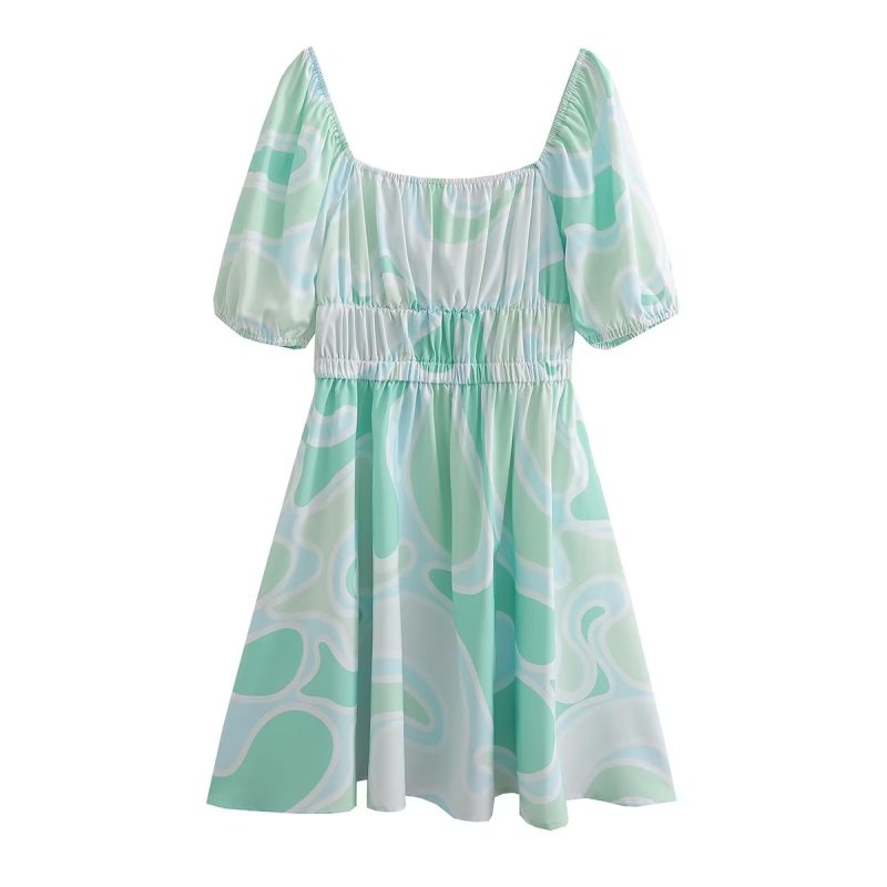 Spring Printed Dress Short Sleeve Square Collar Drawstring Slim Short Women Clothing - Image 2