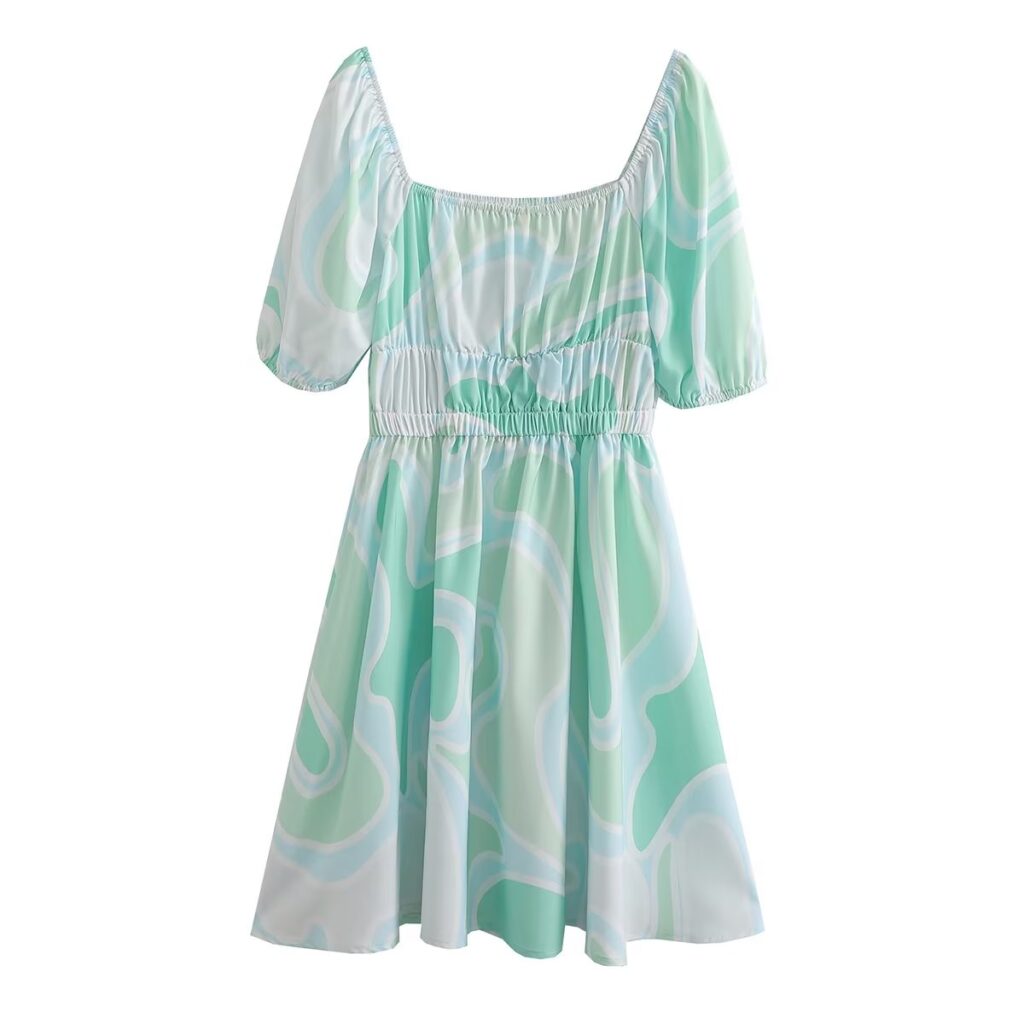 Spring Printed Dress Short Sleeve Square Collar Drawstring Slim Short Women Clothing - Image 3