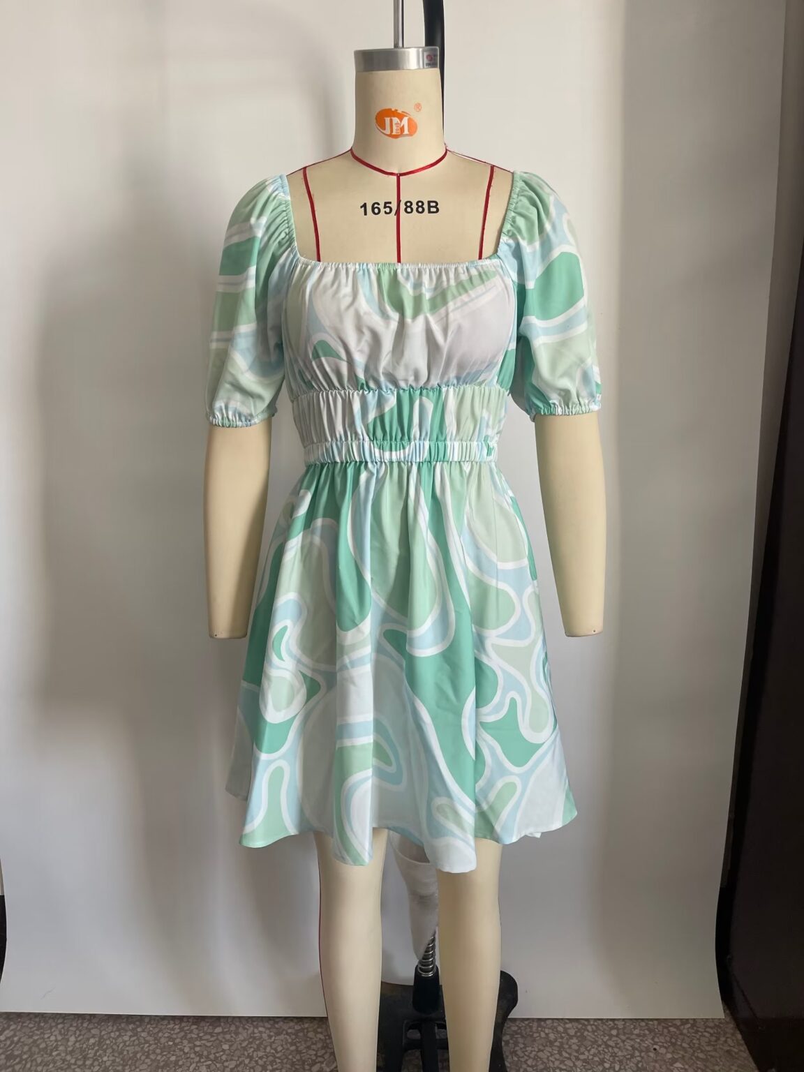 Spring Printed Dress Short Sleeve Square Collar Drawstring Slim Short Women Clothing - Image 4