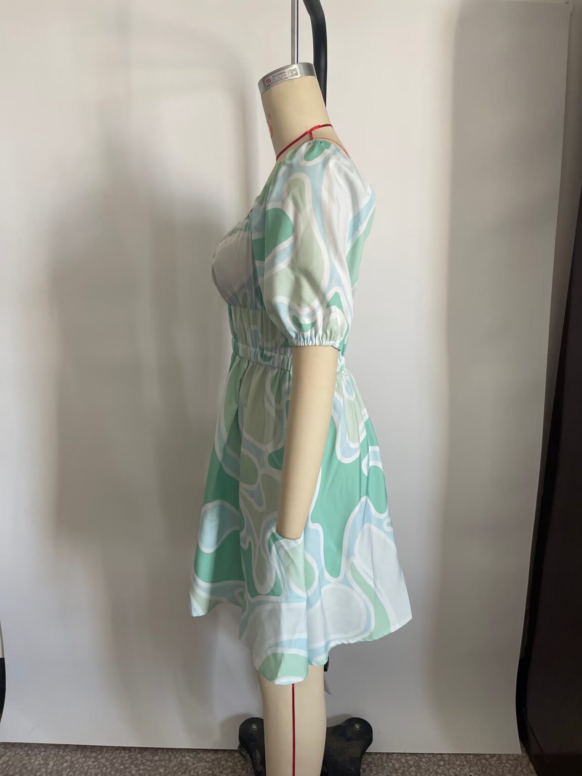 Spring Printed Dress Short Sleeve Square Collar Drawstring Slim Short Women Clothing - Image 5