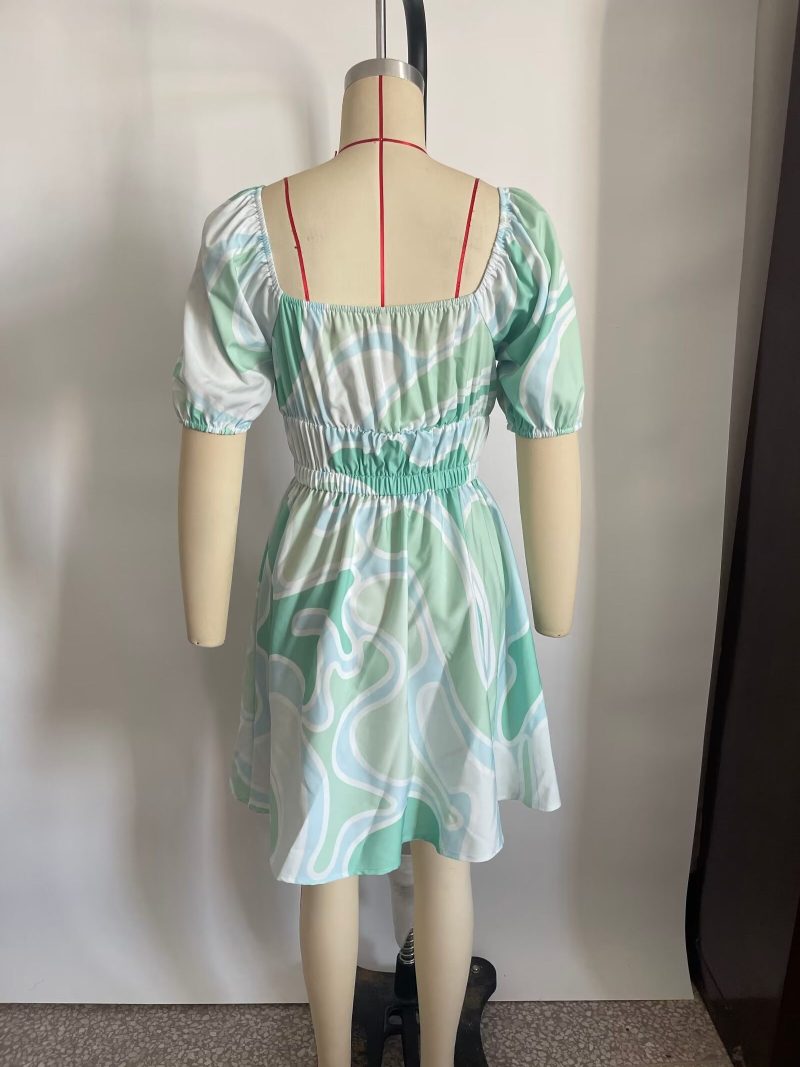 Spring Printed Dress Short Sleeve Square Collar Drawstring Slim Short Women Clothing - Image 6