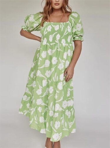Spring Printed Maxi Dress Short Sleeve Square Neck Cinched Slimming Dress Women