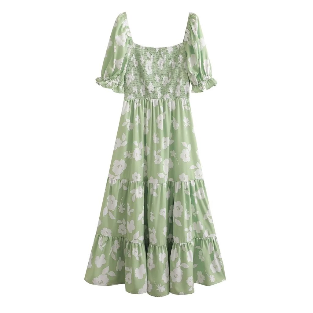 Spring Printed Maxi Dress Short Sleeve Square Neck Cinched Slimming Dress Women - Image 2