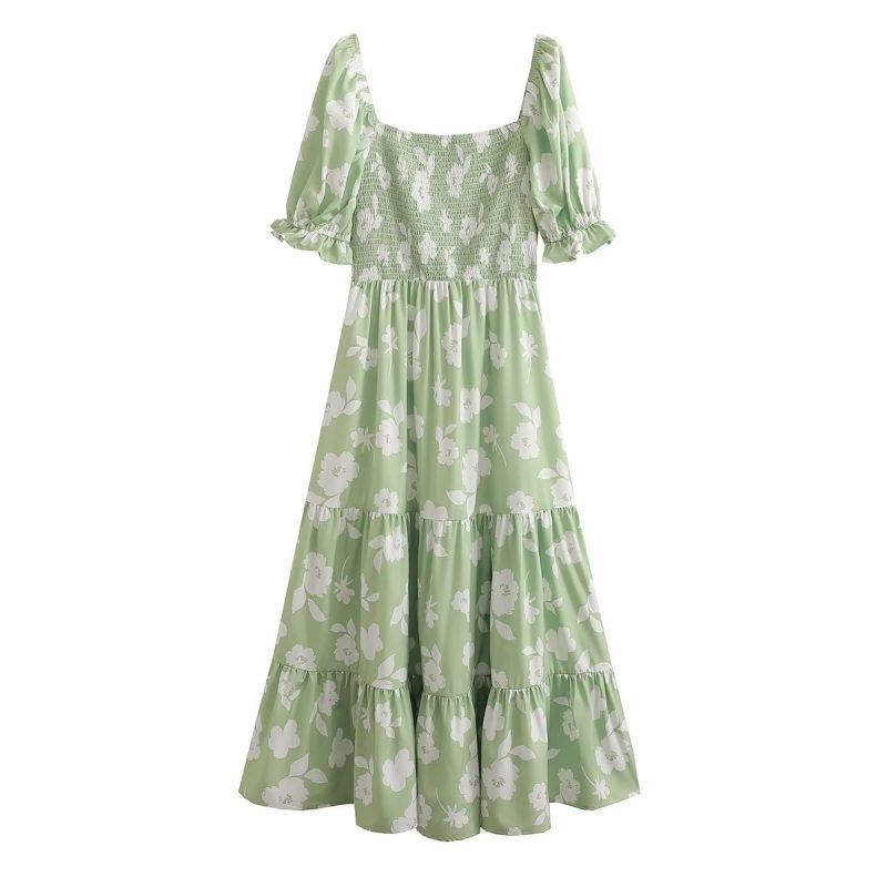 Spring Printed Maxi Dress Short Sleeve Square Neck Cinched Slimming Dress Women - Image 2
