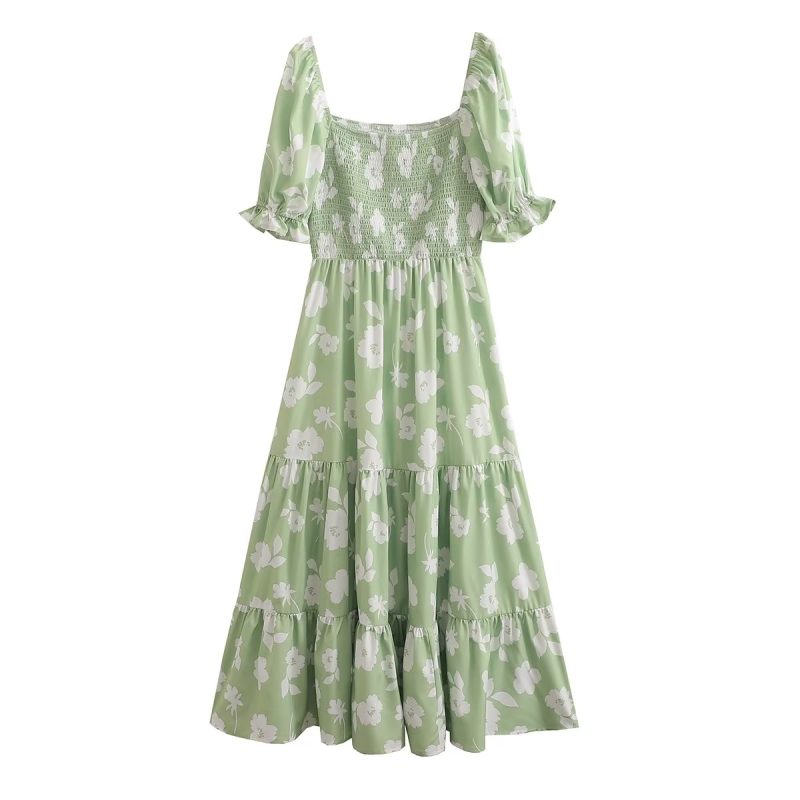 Spring Printed Maxi Dress Short Sleeve Square Neck Cinched Slimming Dress Women - Image 3