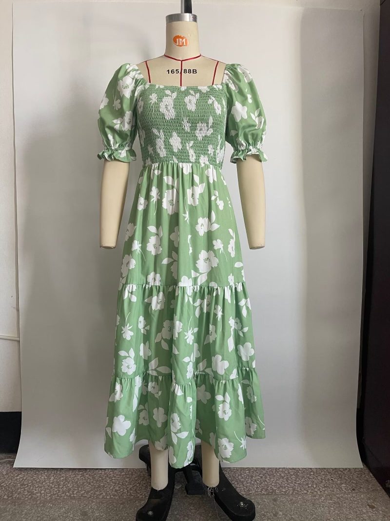 Spring Printed Maxi Dress Short Sleeve Square Neck Cinched Slimming Dress Women - Image 4