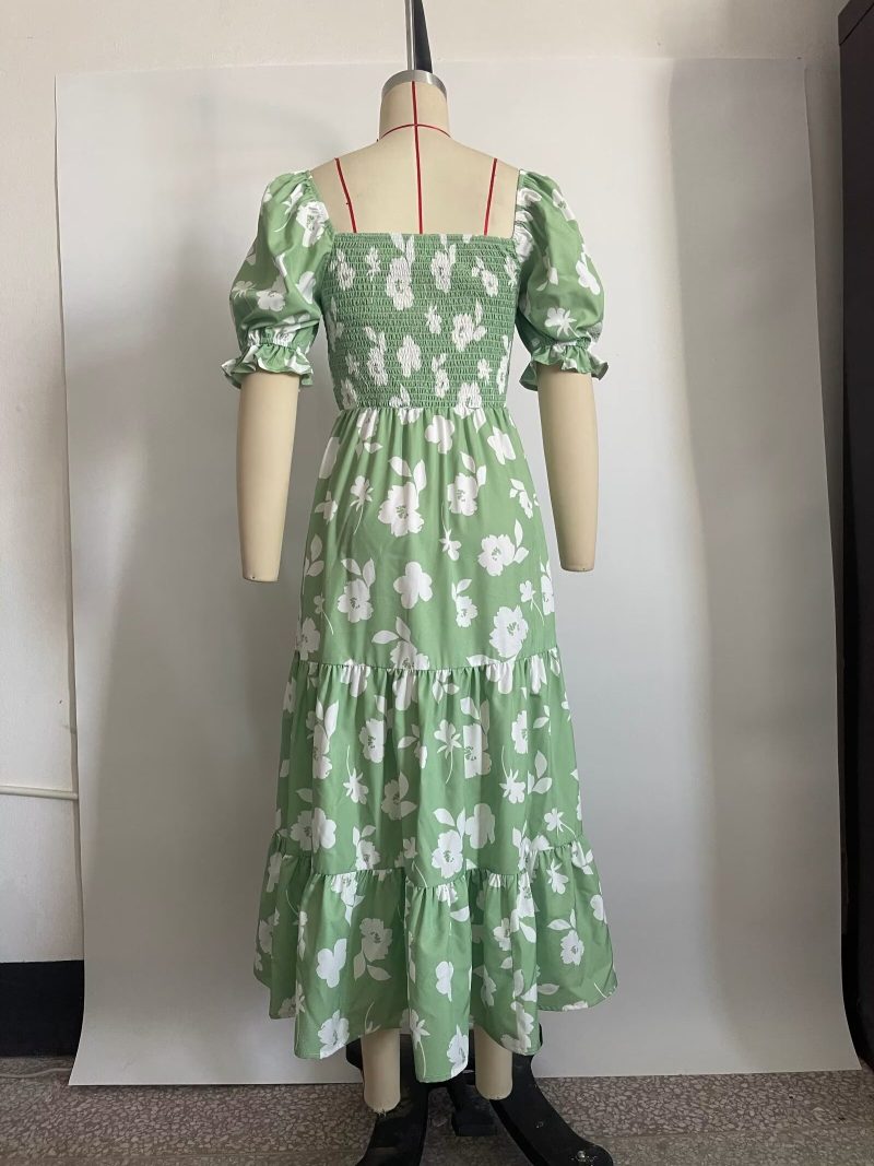 Spring Printed Maxi Dress Short Sleeve Square Neck Cinched Slimming Dress Women - Image 5