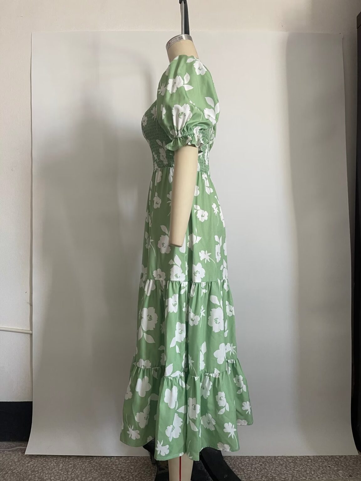Spring Printed Maxi Dress Short Sleeve Square Neck Cinched Slimming Dress Women - Image 6