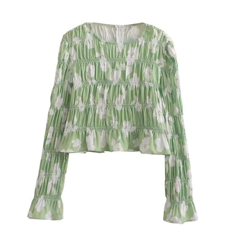 Sweet Fresh Women Clothing Fresh Air round Neck Elastic Printed Long Sleeve Shirt - Image 2