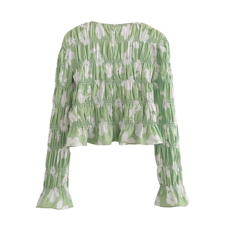 Sweet Fresh Women Clothing Fresh Air round Neck Elastic Printed Long Sleeve Shirt - Image 3
