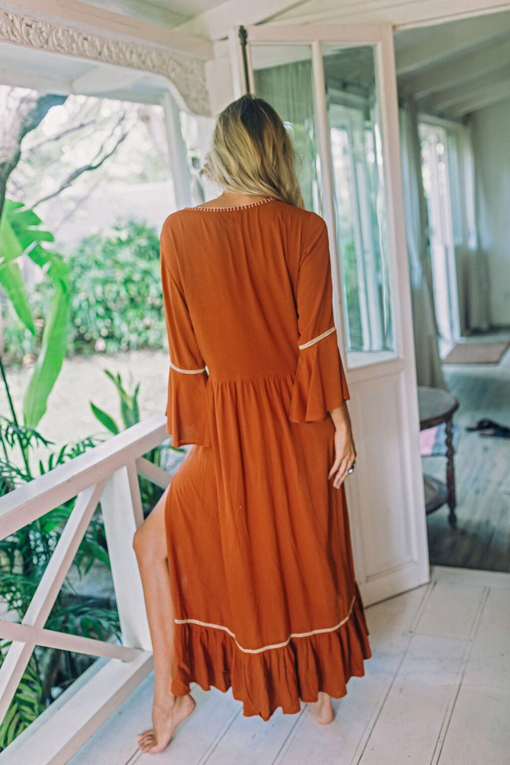 Women  Spring and Summer Bohemian Vacation Elegant Embroidered Solid Color Slits Long Dress - Image 3