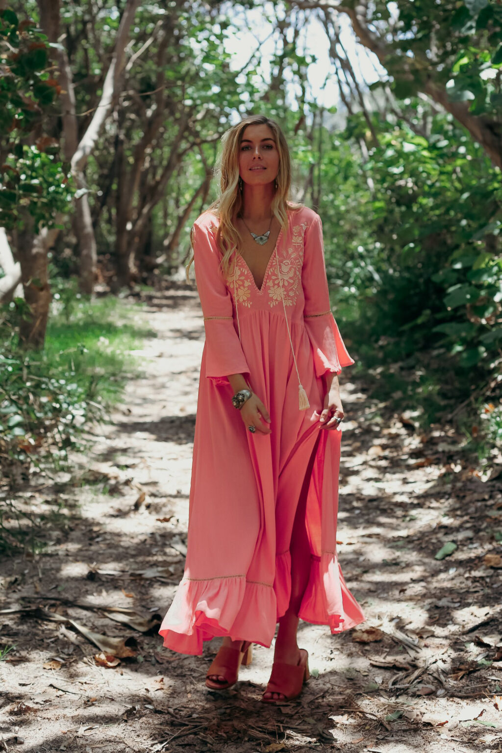 Women  Spring and Summer Bohemian Vacation Elegant Embroidered Solid Color Slits Long Dress - Image 5