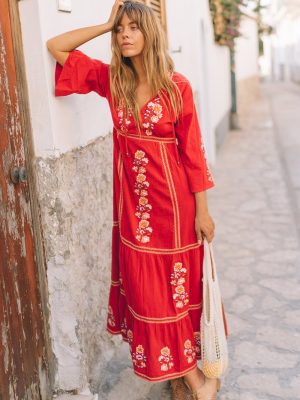 Women’s Spring and Summer Bohemian Vacation Embroidered Solid Color Big Red Elegant Dress