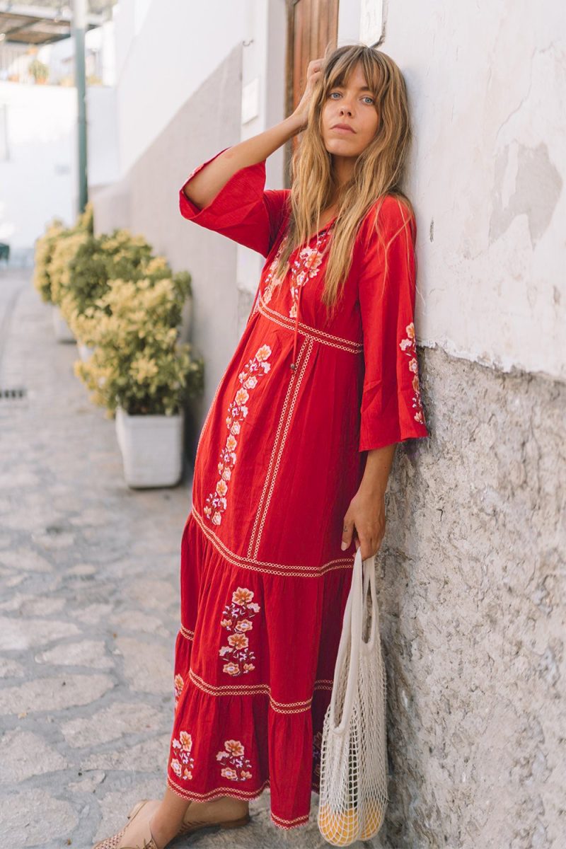 Women's Spring and Summer Bohemian Vacation Embroidered Solid Color Big Red Elegant Dress - Image 3