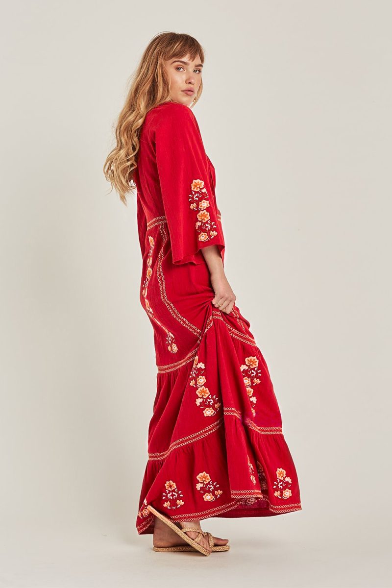 Women's Spring and Summer Bohemian Vacation Embroidered Solid Color Big Red Elegant Dress - Image 4