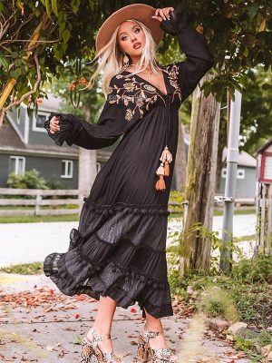 Women Spring And Summer Bohemian Holiday Style Pure Black Embroidered Large Swing Mesh Dress Long Dress