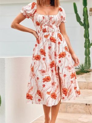 Gentle Square Collar Printed Dress for Women Summer Waist Tight Figure Flattering Wide Hem Maxi Dress