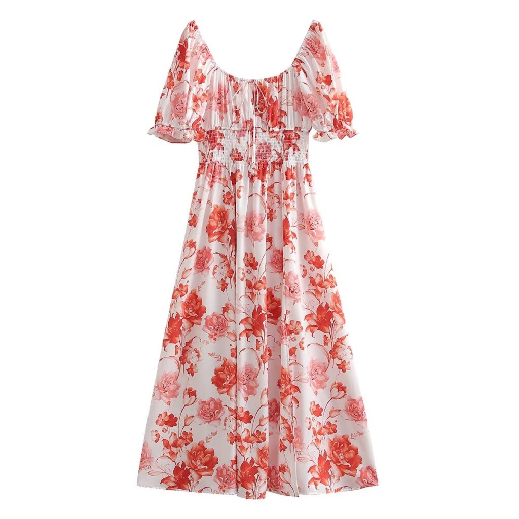 Gentle Square Collar Printed Dress for Women Summer Waist Tight Figure Flattering Wide Hem Maxi Dress - Image 2