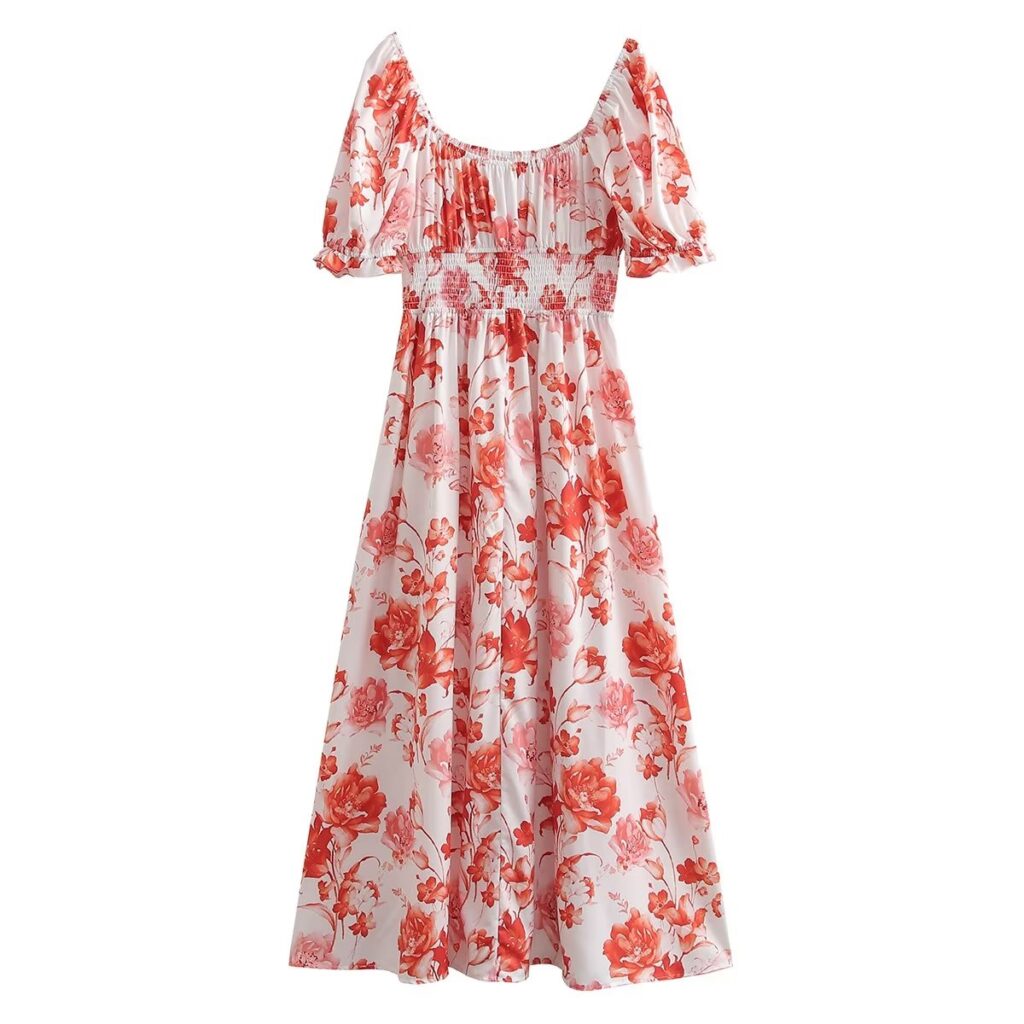 Gentle Square Collar Printed Dress for Women Summer Waist Tight Figure Flattering Wide Hem Maxi Dress - Image 3