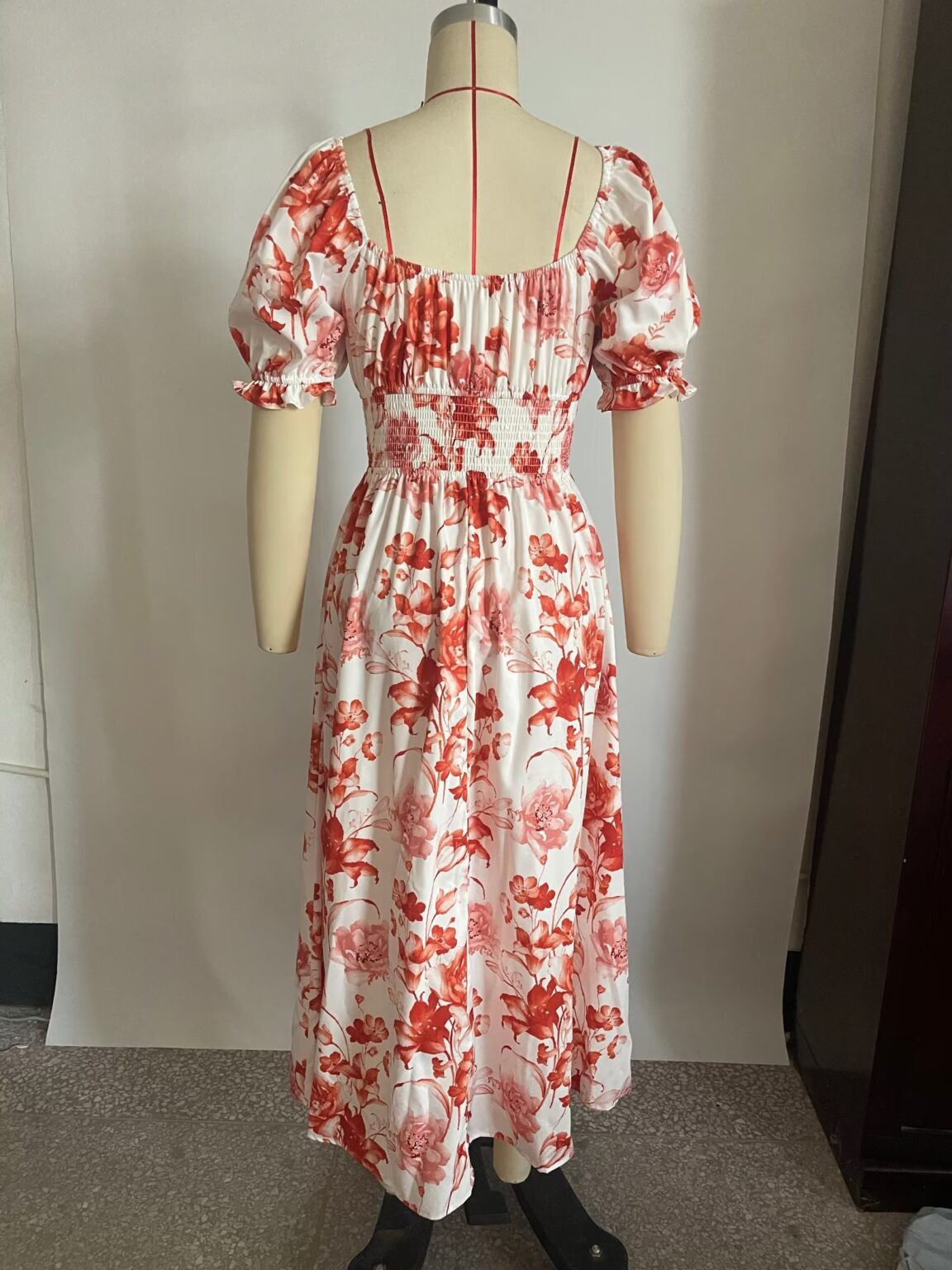Gentle Square Collar Printed Dress for Women Summer Waist Tight Figure Flattering Wide Hem Maxi Dress - Image 6