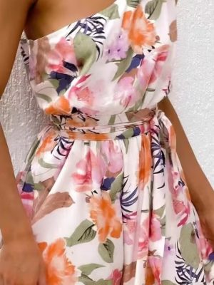 Spring Summer Women Floral Print round Neck Backless Tiered Dress