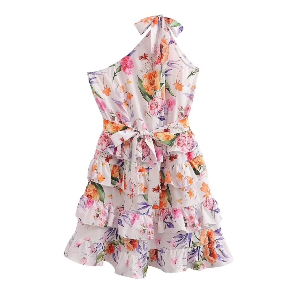 Spring Summer Women Floral Print round Neck Backless Tiered Dress - Image 2