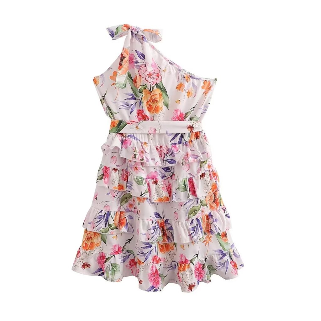 Spring Summer Women Floral Print round Neck Backless Tiered Dress - Image 3