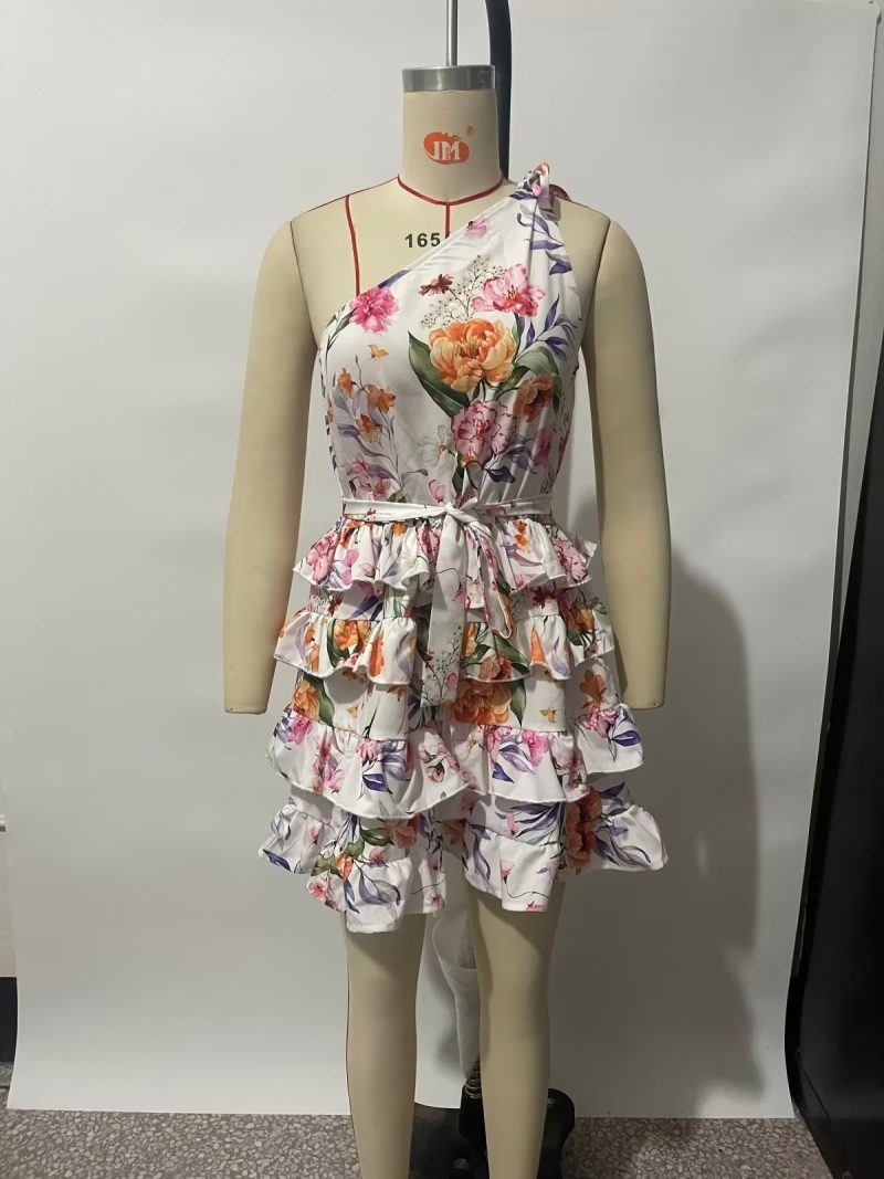Spring Summer Women Floral Print round Neck Backless Tiered Dress - Image 4