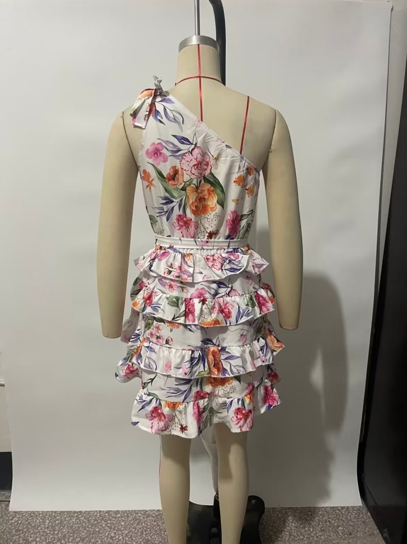 Spring Summer Women Floral Print round Neck Backless Tiered Dress - Image 5