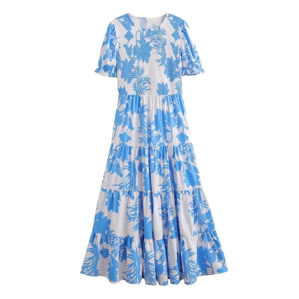 Vacation Printed Sexy V neck Double Breasted Tight Waist Thin over the Knee Split Dress Women